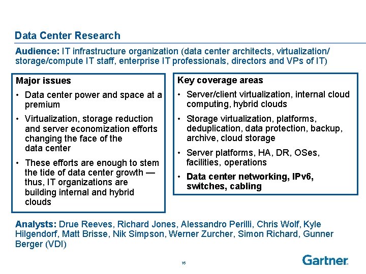 Data Center Research Audience: IT infrastructure organization (data center architects, virtualization/ storage/compute IT staff,