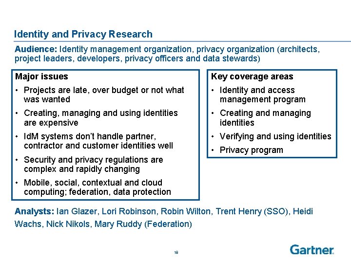 Identity and Privacy Research Audience: Identity management organization, privacy organization (architects, project leaders, developers,