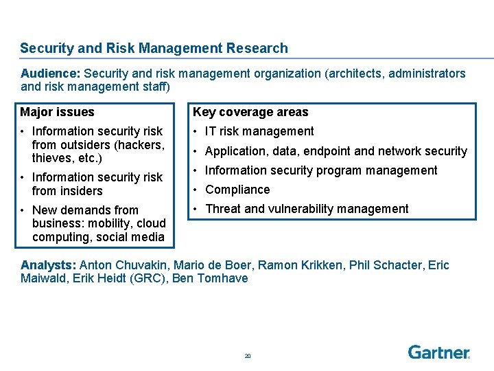 Security and Risk Management Research Audience: Security and risk management organization (architects, administrators and