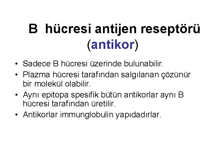 B hücresi antijen reseptörü (antikor) • Sadece B hücresi üzerinde bulunabilir. • Plazma hücresi