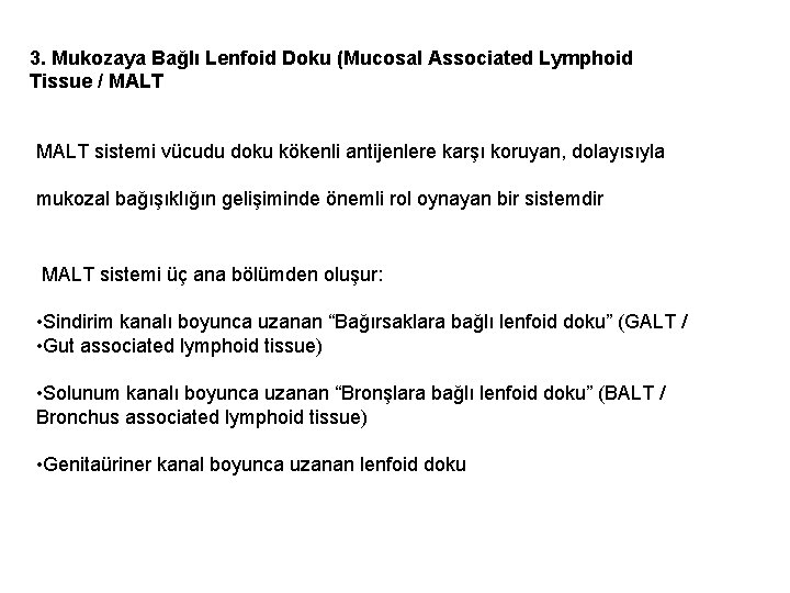 3. Mukozaya Bağlı Lenfoid Doku (Mucosal Associated Lymphoid Tissue / MALT sistemi vücudu doku