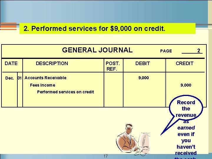 2. Performed services for $9, 000 on credit. GENERAL JOURNAL DATE DESCRIPTION POST. REF.