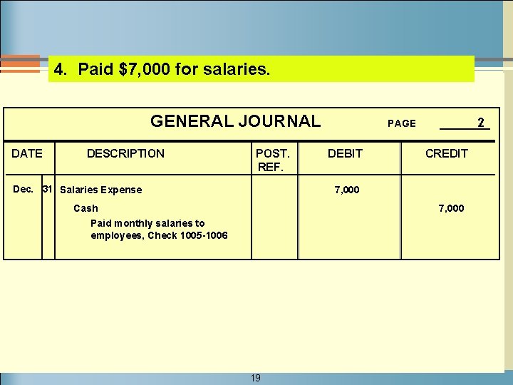 4. Paid $7, 000 for salaries. GENERAL JOURNAL DATE DESCRIPTION POST. REF. Dec. 31