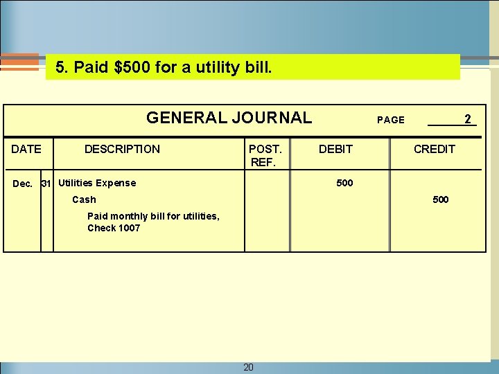 5. Paid $500 for a utility bill. GENERAL JOURNAL DATE DESCRIPTION POST. REF. Dec.