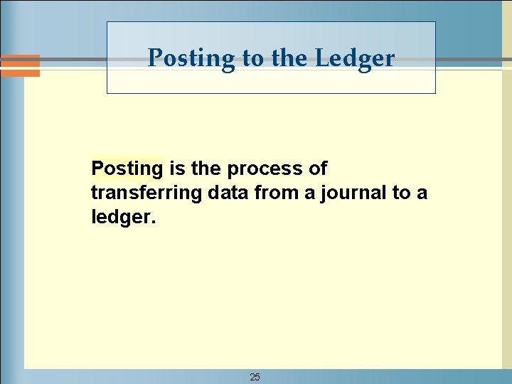 Posting to the Ledger Posting is the process of transferring data from a journal