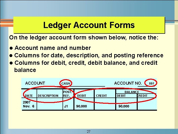 Ledger Account Forms On the ledger account form shown below, notice the: Account name