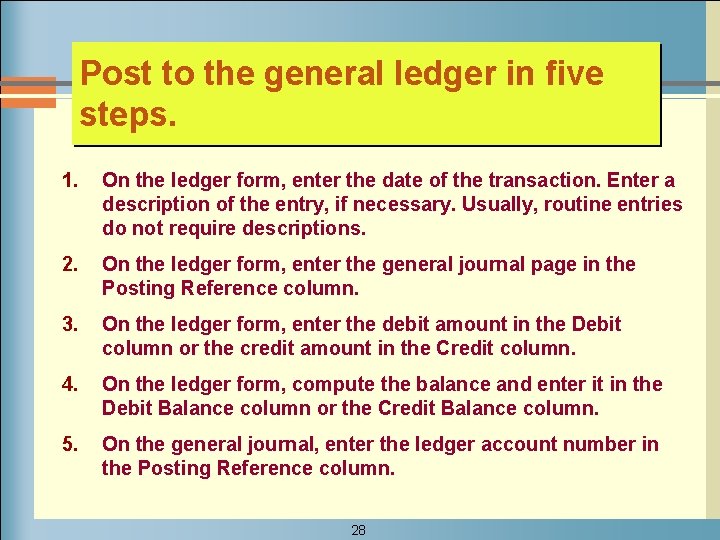 Post to the general ledger in five steps. 1. On the ledger form, enter