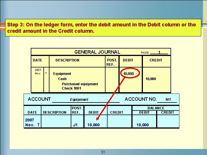 Step 3: On the ledger form, enter the debit amount in the Debit column