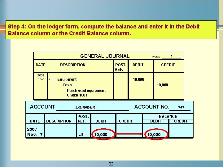 Step 4: On the ledger form, compute the balance and enter it in the