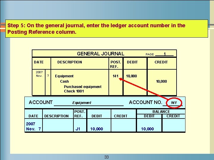 Step 5: On the general journal, enter the ledger account number in the Posting