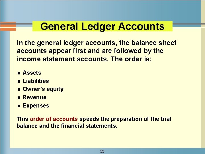 General Ledger Accounts In the general ledger accounts, the balance sheet accounts appear first