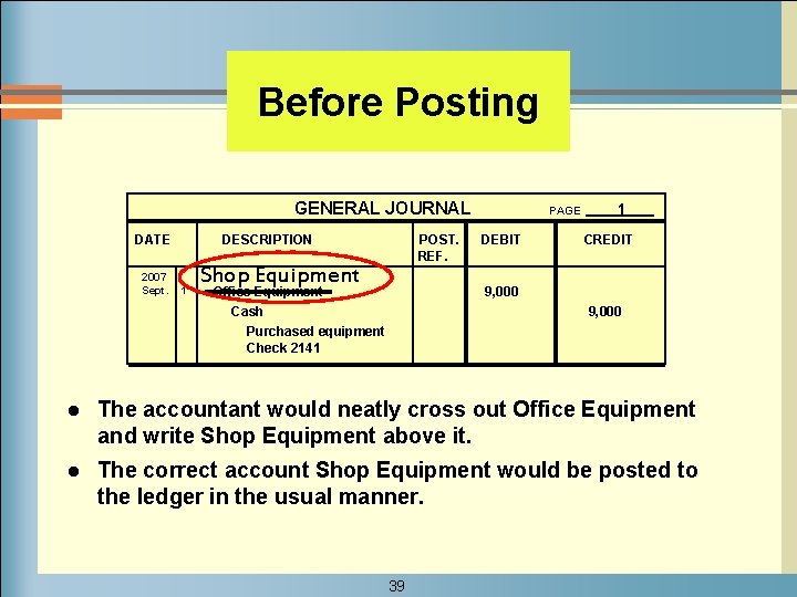 Before Posting GENERAL JOURNAL DATE 2007 Sept. DESCRIPTION 1 POST. REF. Shop Equipment Office