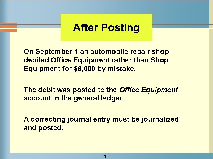 After Posting On September 1 an automobile repair shop debited Office Equipment rather than