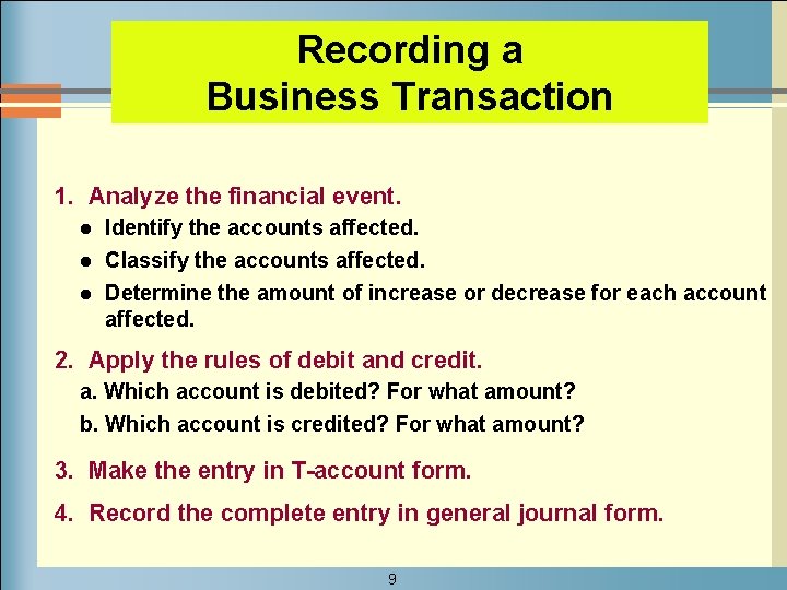 Recording a Business Transaction 1. Analyze the financial event. Identify the accounts affected. l