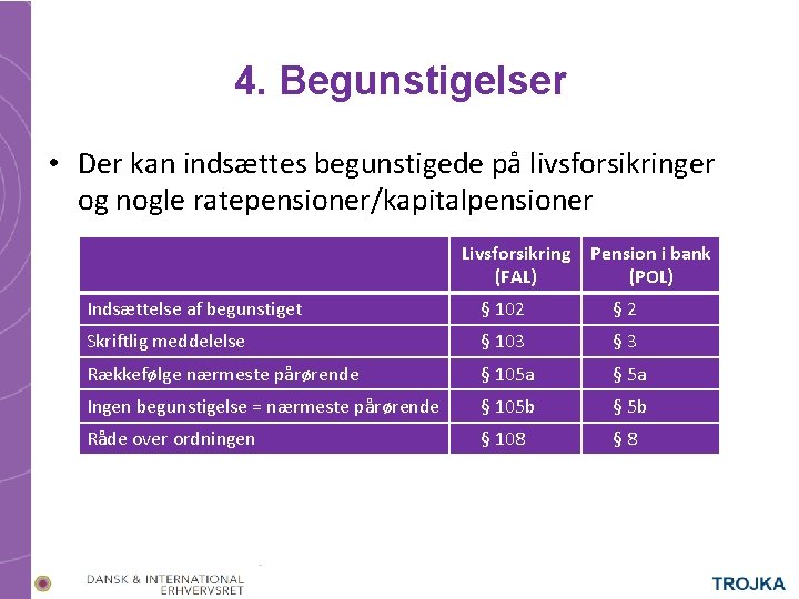 4. Begunstigelser • Der kan indsættes begunstigede på livsforsikringer og nogle ratepensioner/kapitalpensioner Livsforsikring (FAL)