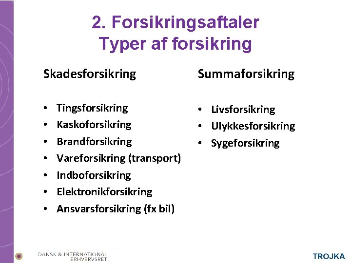 2. Forsikringsaftaler Typer af forsikring Skadesforsikring • • Tingsforsikring Kaskoforsikring Brandforsikring Vareforsikring (transport) Indboforsikring