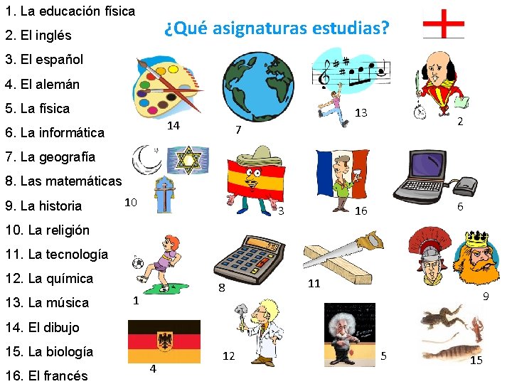 1. La educación física ¿Qué asignaturas estudias? 2. El inglés 3. El español 4. 1. La educación física ¿Qué asignaturas estudias? 2. El inglés 3. El español 4.