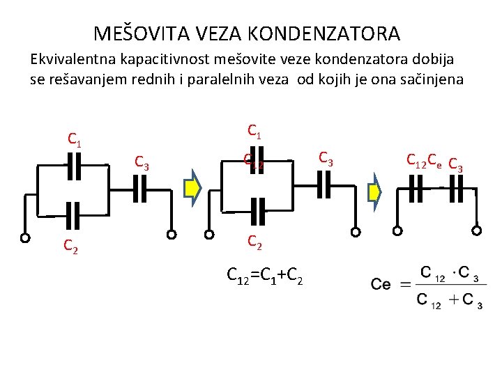 MEŠOVITA VEZA KONDENZATORA Ekvivalentna kapacitivnost mešovite veze kondenzatora dobija se rešavanjem rednih i paralelnih