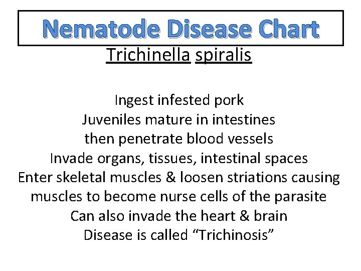 Nematode Disease Chart Trichinella spiralis Ingest infested pork Juveniles mature in intestines then penetrate