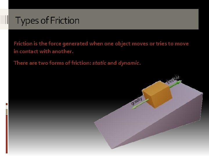 Types of Friction is the force generated when one object moves or tries to