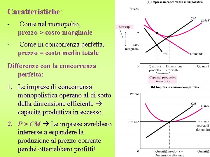 Caratteristiche: - Come nel monopolio, prezzo > costo marginale - Come in concorrenza perfetta,