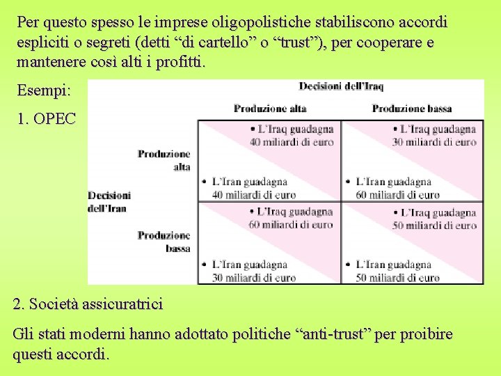 Per questo spesso le imprese oligopolistiche stabiliscono accordi espliciti o segreti (detti “di cartello”