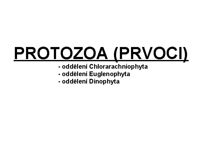 PROTOZOA (PRVOCI) - oddělení Chlorarachniophyta - oddělení Euglenophyta - oddělení Dinophyta 