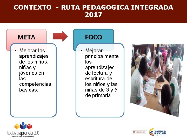 CONTEXTO - RUTA PEDAGOGICA INTEGRADA 2017 META • Mejorar los aprendizajes de los niños,