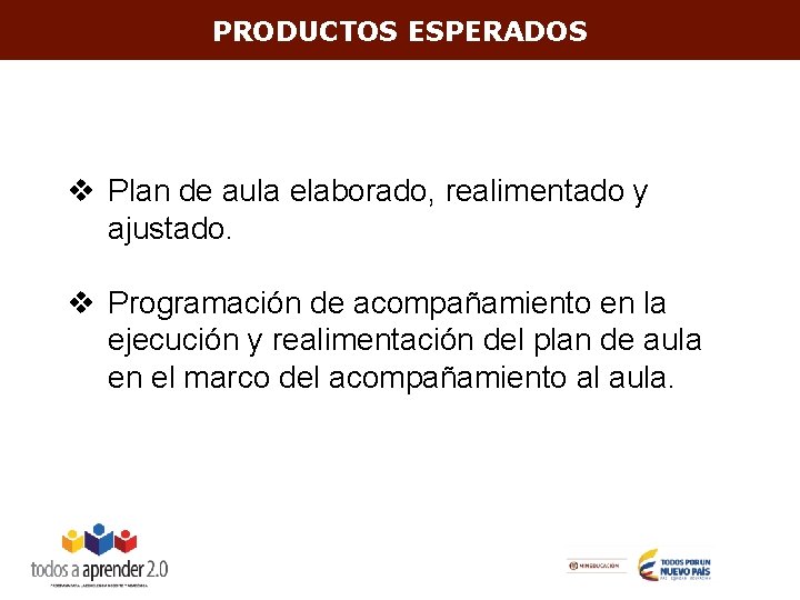 PRODUCTOS ESPERADOS v Plan de aula elaborado, realimentado y ajustado. v Programación de acompañamiento