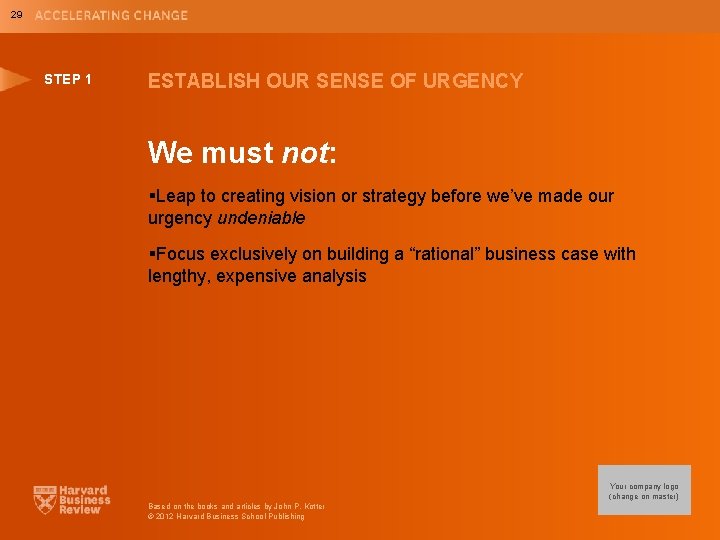 29 STEP 1 ESTABLISH OUR SENSE OF URGENCY We must not: §Leap to creating