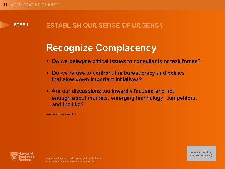 31 STEP 1 ESTABLISH OUR SENSE OF URGENCY Recognize Complacency § Do we delegate