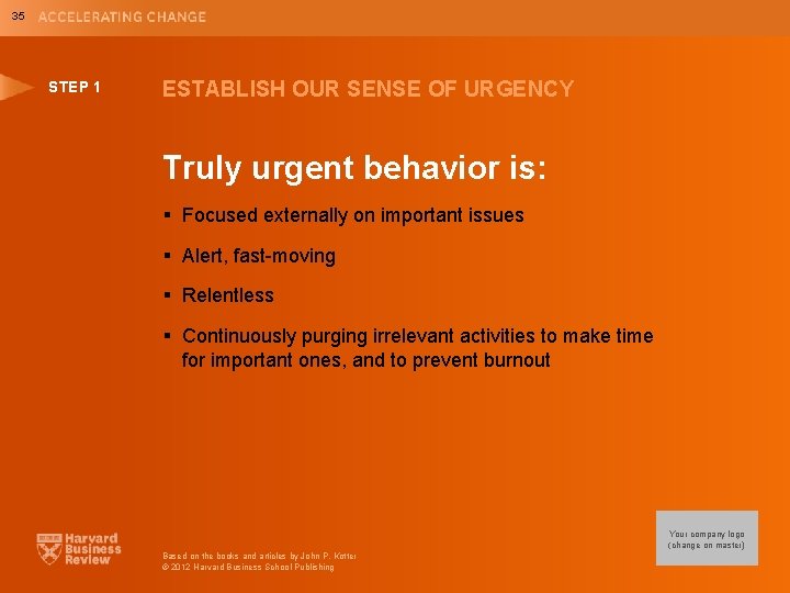 35 STEP 1 ESTABLISH OUR SENSE OF URGENCY Truly urgent behavior is: § Focused