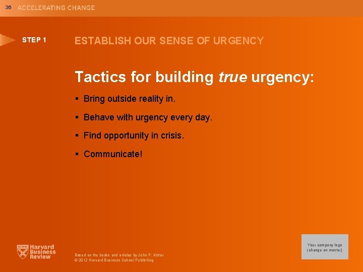 36 STEP 1 ESTABLISH OUR SENSE OF URGENCY Tactics for building true urgency: §