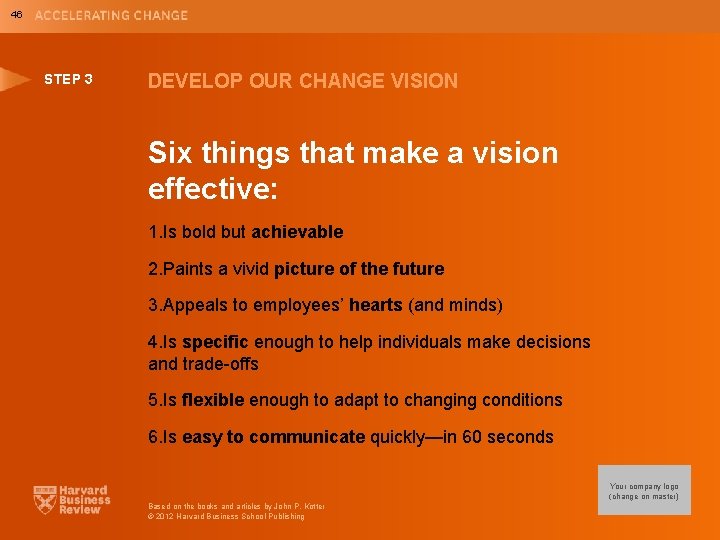 46 STEP 3 DEVELOP OUR CHANGE VISION Six things that make a vision effective: