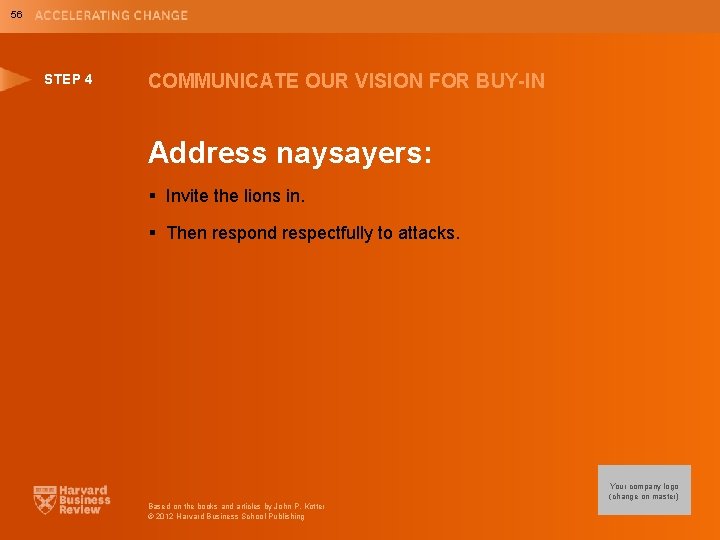 56 STEP 4 COMMUNICATE OUR VISION FOR BUY-IN Address naysayers: § Invite the lions