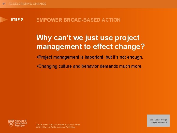 61 STEP 5 EMPOWER BROAD-BASED ACTION Why can’t we just use project management to