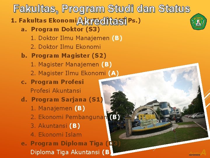 Fakultas, Program Studi dan Status 1. Fakultas Ekonomi. Akreditasi dan Bisnis (10 Ps. )