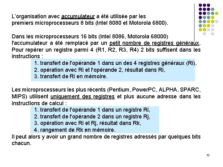 L’organisation avec accumulateur a été utilisée par les premiers microprocesseurs 8 bits (Intel 8080