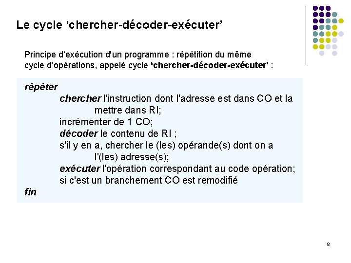 Le cycle ‘cher-décoder-exécuter’ Principe d‘exécution d'un programme : répétition du même cycle d'opérations, appelé