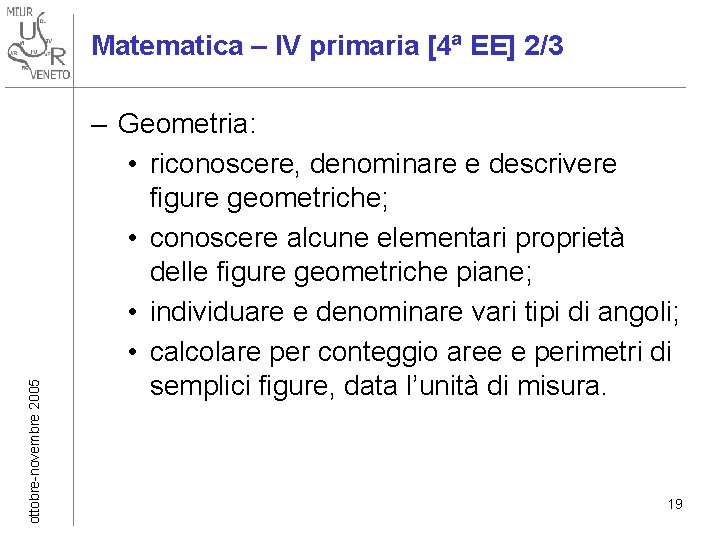 ottobre-novembre 2005 Matematica – IV primaria [4ª EE] 2/3 – Geometria: • riconoscere, denominare