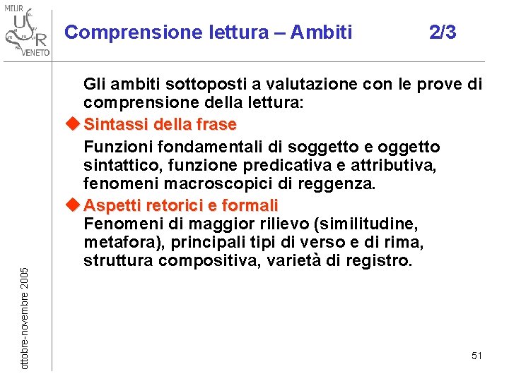 ottobre-novembre 2005 Comprensione lettura – Ambiti 2/3 Gli ambiti sottoposti a valutazione con le ottobre-novembre 2005 Comprensione lettura – Ambiti 2/3 Gli ambiti sottoposti a valutazione con le