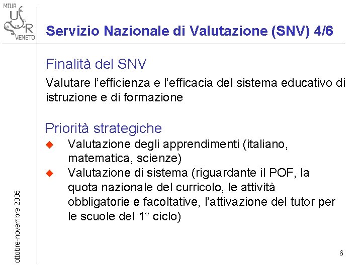 Servizio Nazionale di Valutazione (SNV) 4/6 Finalità del SNV Valutare l’efficienza e l’efficacia del Servizio Nazionale di Valutazione (SNV) 4/6 Finalità del SNV Valutare l’efficienza e l’efficacia del