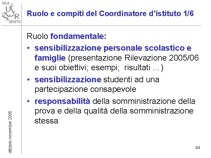 ottobre-novembre 2005 Ruolo e compiti del Coordinatore d’istituto 1/6 Ruolo fondamentale: • sensibilizzazione personale