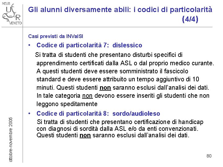 Gli alunni diversamente abili: i codici di particolarità ( 4/4) Casi previsti da INVal. Gli alunni diversamente abili: i codici di particolarità ( 4/4) Casi previsti da INVal.