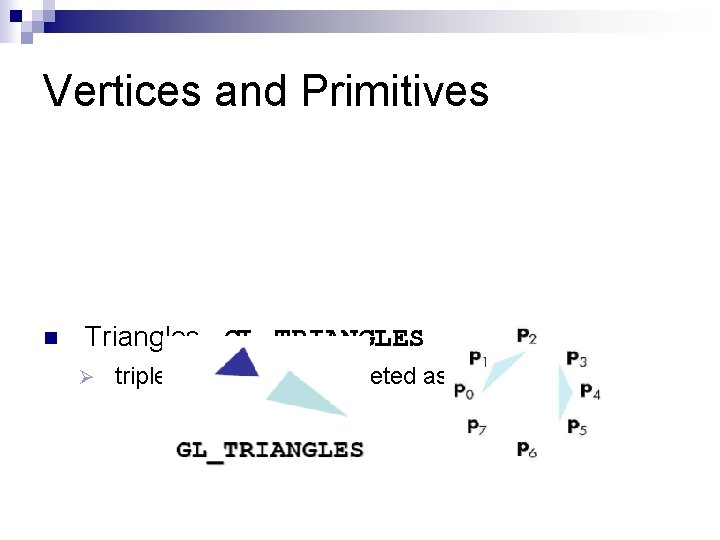 Vertices and Primitives n Triangles , GL_TRIANGLES Ø triples of vertices interpreted as triangles