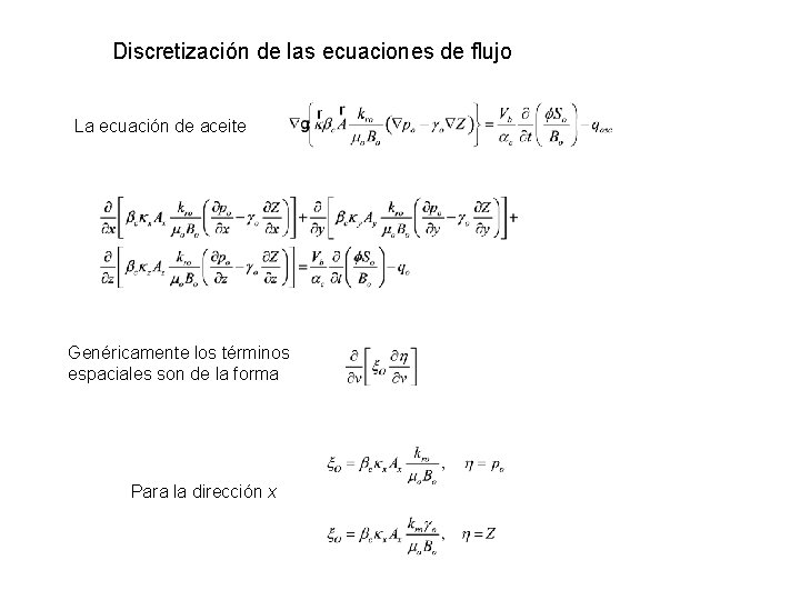 Discretización de las ecuaciones de flujo La ecuación de aceite Genéricamente los términos espaciales