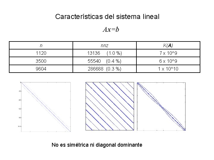 Características del sistema lineal Ax=b n nnz K(A) 1120 13136 (1. 0 %) 7