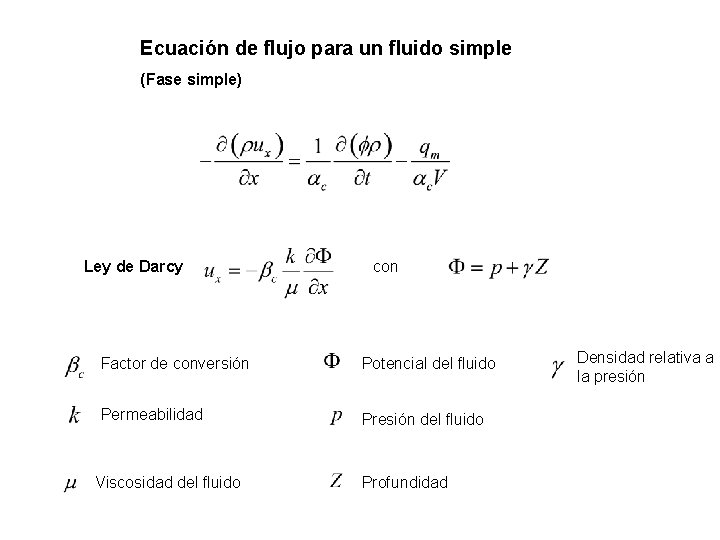 Ecuación de flujo para un fluido simple (Fase simple) Ley de Darcy con Factor