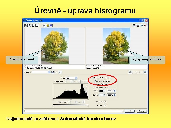 Úrovně - úprava histogramu Původní snímek Nejjednodušší je zaškrtnout Automatická korekce barev Vylepšený snímek