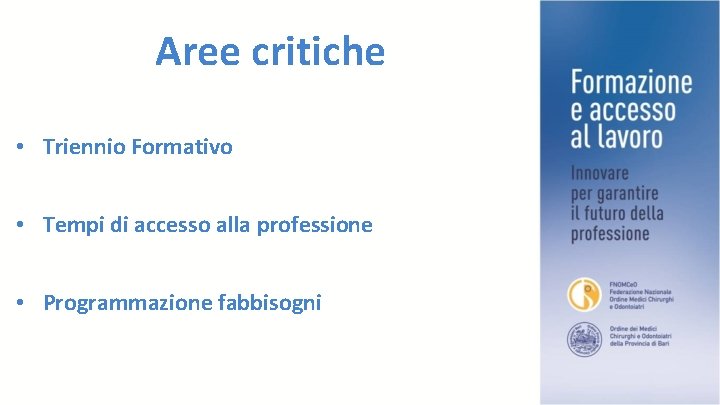 Aree critiche • Triennio Formativo • Tempi di accesso alla professione • Programmazione fabbisogni